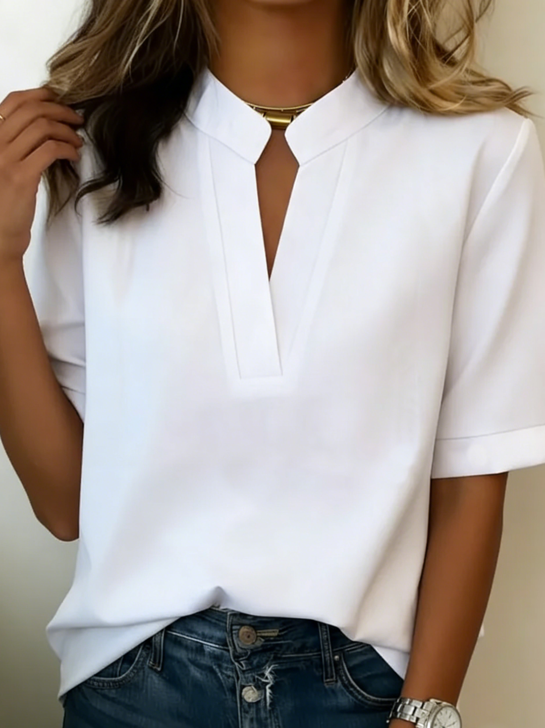 Nina | Women's V-Neck Short Sleeve Chiffon Blouse Gold Detail