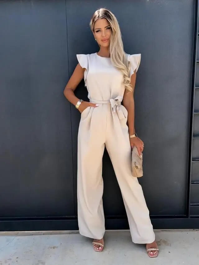 Florentine | Women's Ruffle Sleeve Wide-Leg Jumpsuit Belted Formal Playsuit