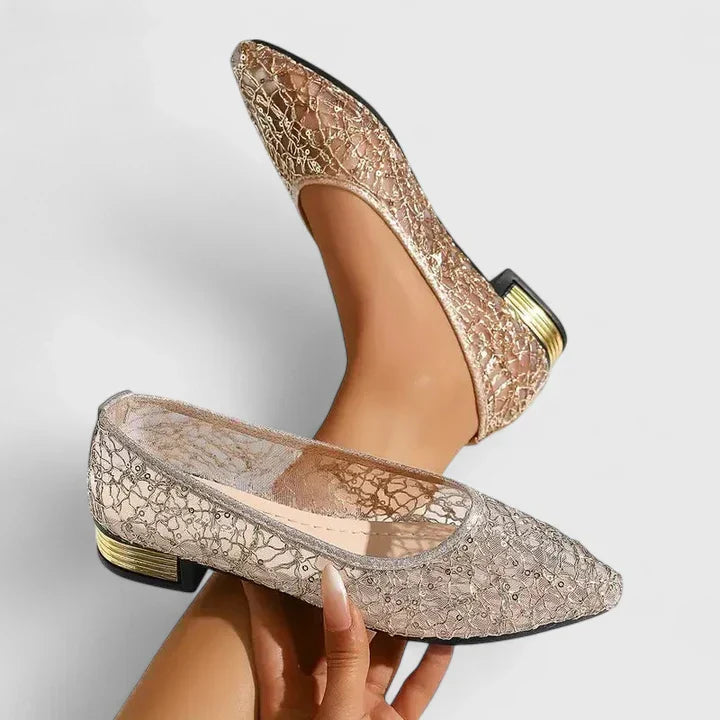 Celeste | Women's Lace Pointed Toe Flats Gold Heel Detail