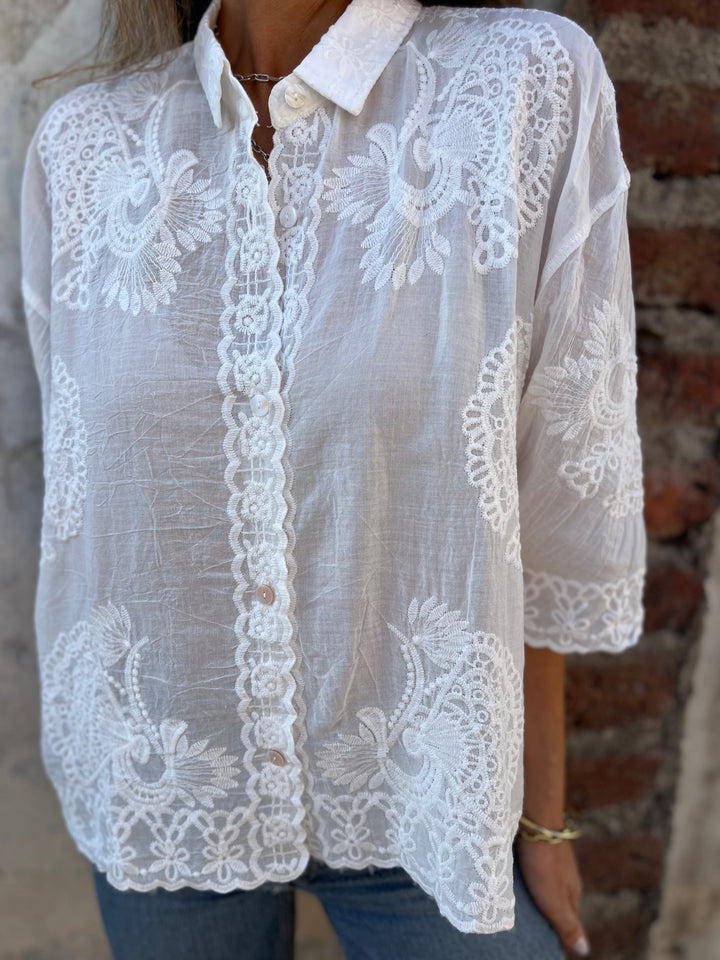 Belle | Women's Lace Embroidered Button Up Blouse 3/4 Sleeve