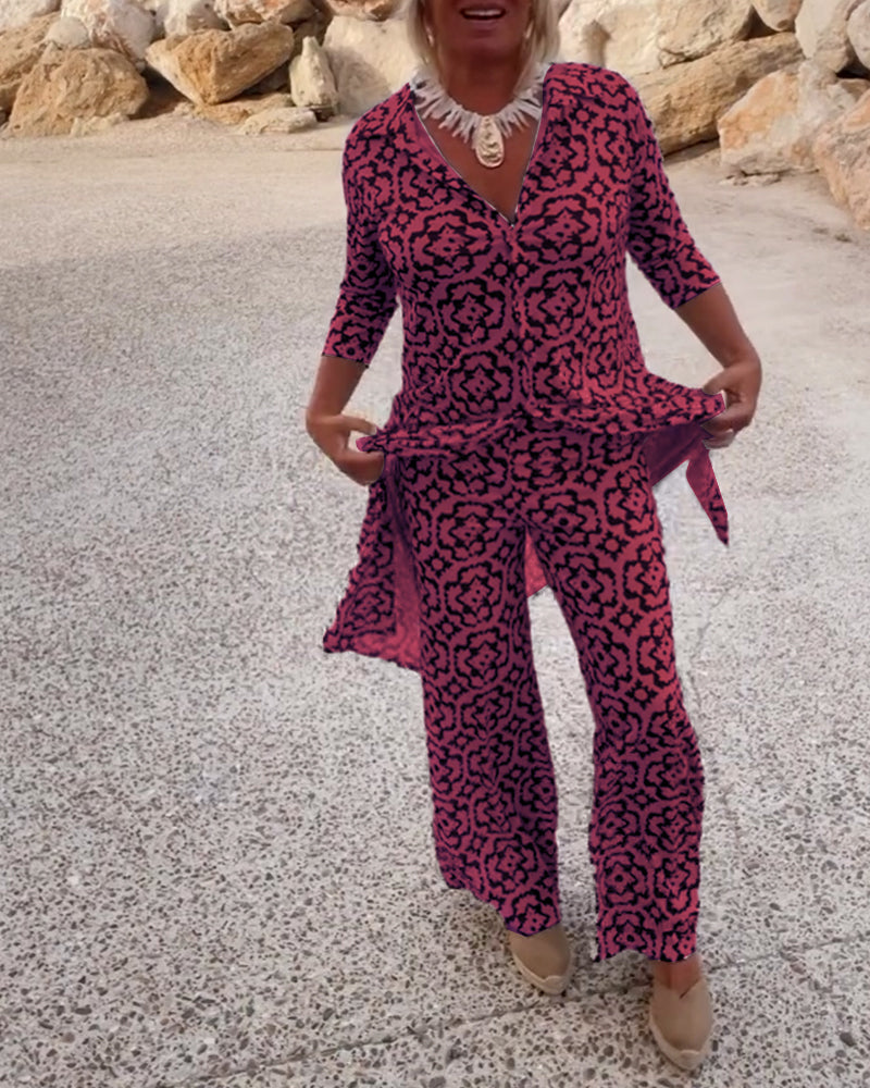 Livia | Women's Printed Two-Piece Set V-Neck Blouse & Wide-Leg Trousers