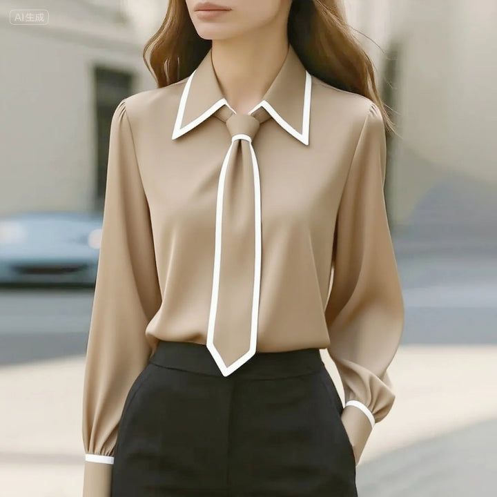 Vivienne | Women's Long Sleeve Contrast Trim Tie Neck Blouse