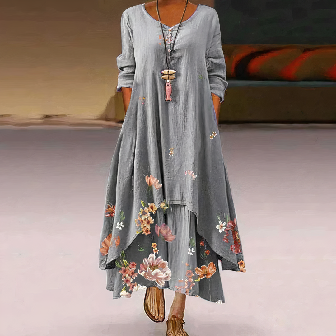 Celeste | Women's Floral Maxi Dress with Long Sleeves & Asymmetric Hem