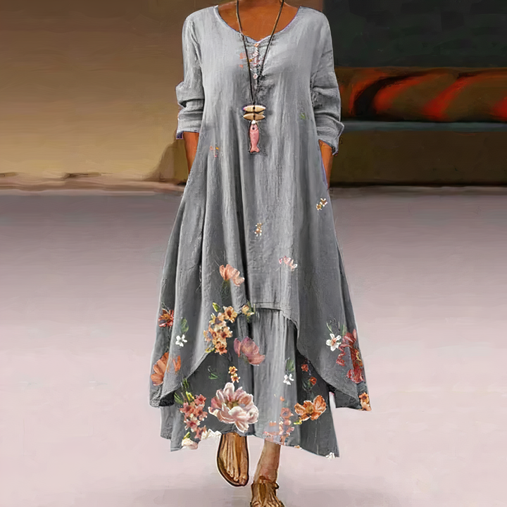 Celeste | Women's Floral Maxi Dress with Long Sleeves & Asymmetric Hem