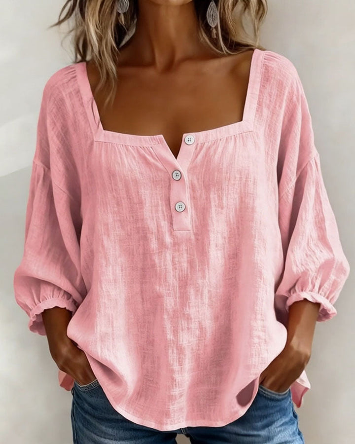 Daisy | Women's Square Neck Puff Sleeve Linen Blouse 3/4 Sleeve