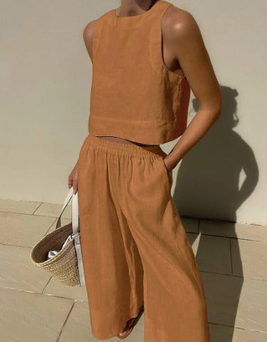 Fayenne | Women's Linen Two-Piece Set Sleeveless Tank Top & Wide-Leg Shorts