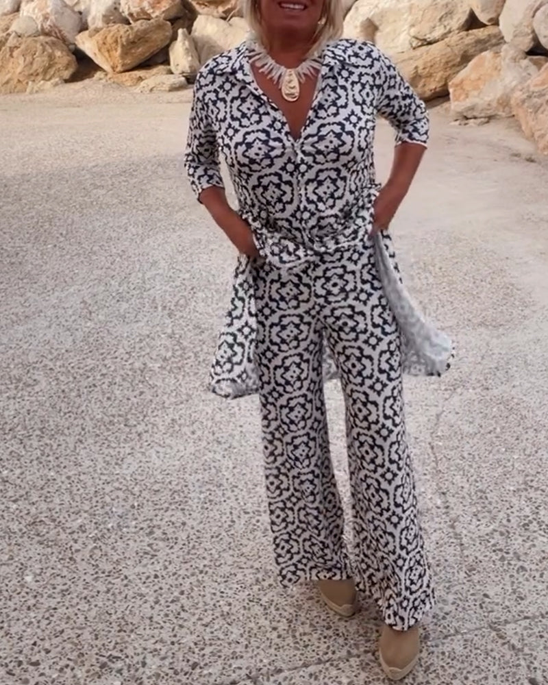 Livia | Women's Printed Two-Piece Set V-Neck Blouse & Wide-Leg Trousers