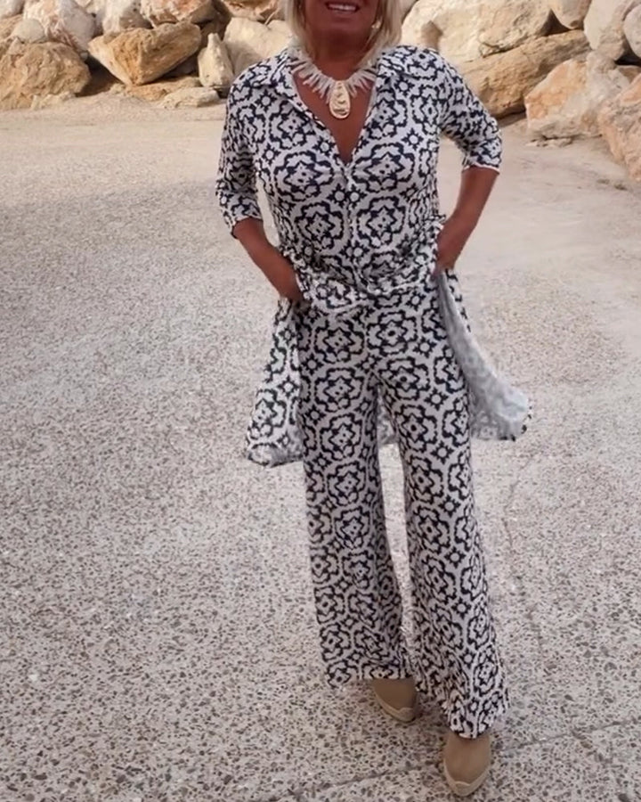 Livia | Women's Printed Two-Piece Set V-Neck Blouse & Wide-Leg Trousers