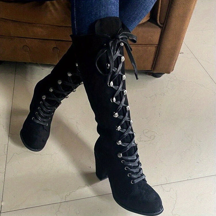 Vornelle | Women's Knee High Lace-Up Slouch Boots - Black - Image 1