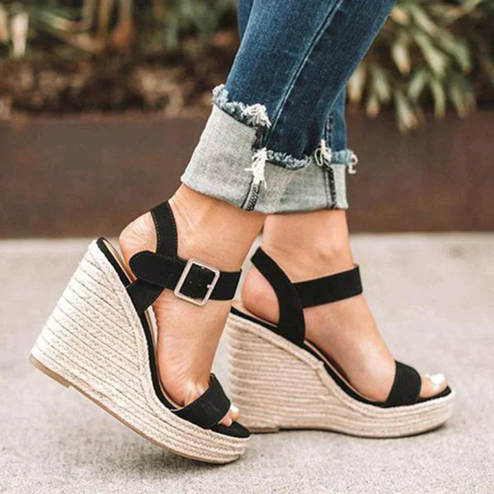 Joyce | Women's Wedge Sandals - Open Toe - Ankle Strap with Buckle - Espadrille Heel