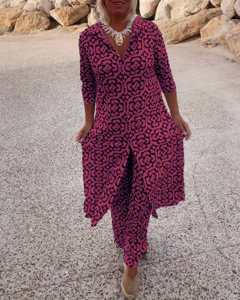 Livia | Women's Printed Two-Piece Set V-Neck Blouse & Wide-Leg Trousers