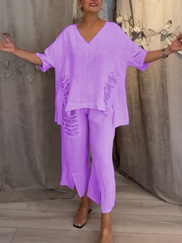 Cleo | Women's Two-Piece Set Wide Leg Pants V-Neck Top