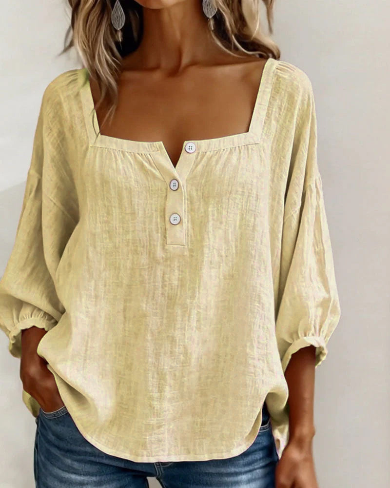 Daisy | Women's Square Neck Puff Sleeve Linen Blouse 3/4 Sleeve