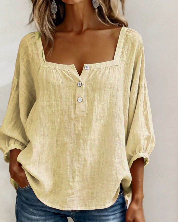 Daisy | Women's Square Neck Puff Sleeve Linen Blouse 3/4 Sleeve