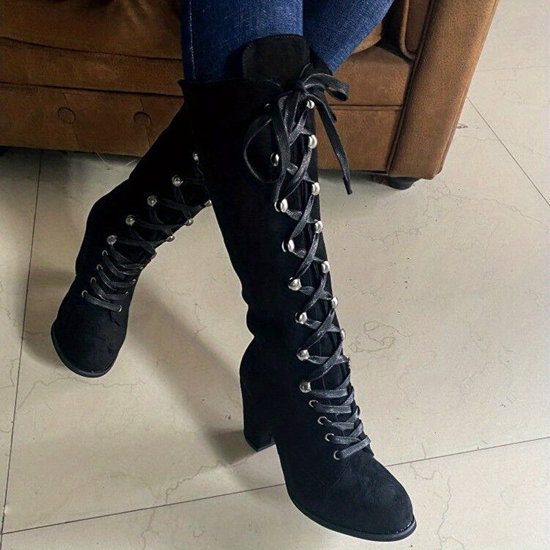 Vornelle | Women's Knee High Lace-Up Slouch Boots - Black - Image 14