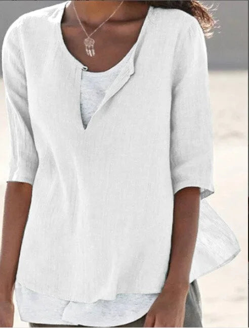 Cleo | Women's 3/4 Sleeve V-Neck Layered Linen Casual Blouse