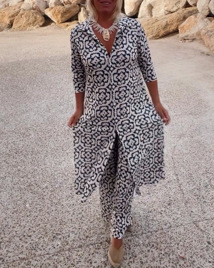 Livia | Women's Printed Two-Piece Set V-Neck Blouse & Wide-Leg Trousers
