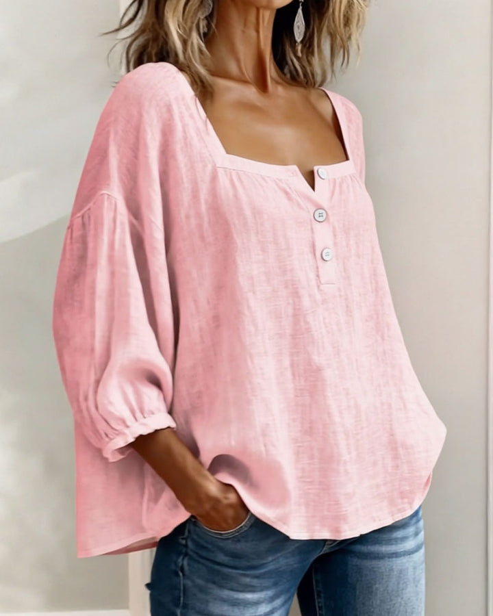 Daisy | Women's Square Neck Puff Sleeve Linen Blouse 3/4 Sleeve