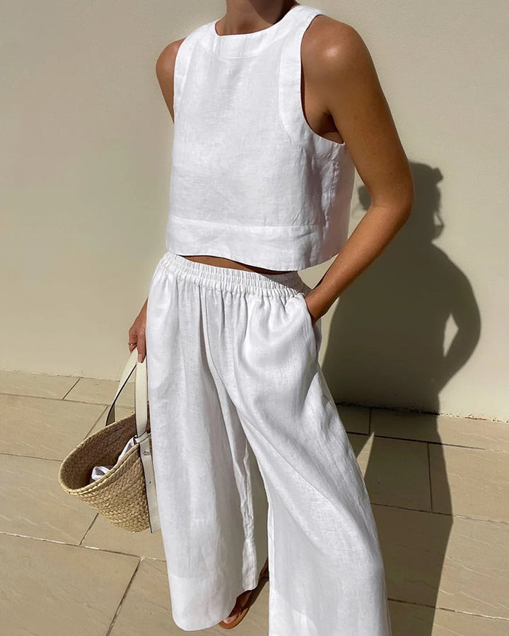 Fayenne | Women's Linen Two-Piece Set Sleeveless Tank Top & Wide-Leg Shorts