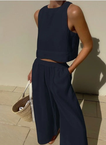 Fayenne | Women's Linen Two-Piece Set Sleeveless Tank Top & Wide-Leg Shorts
