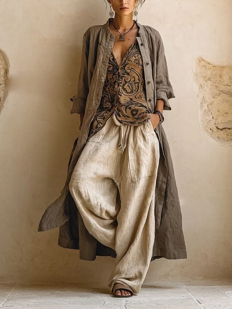 Halvorne | Women's Linen Two-Piece Set Wide-Leg - Taupe - Image 1