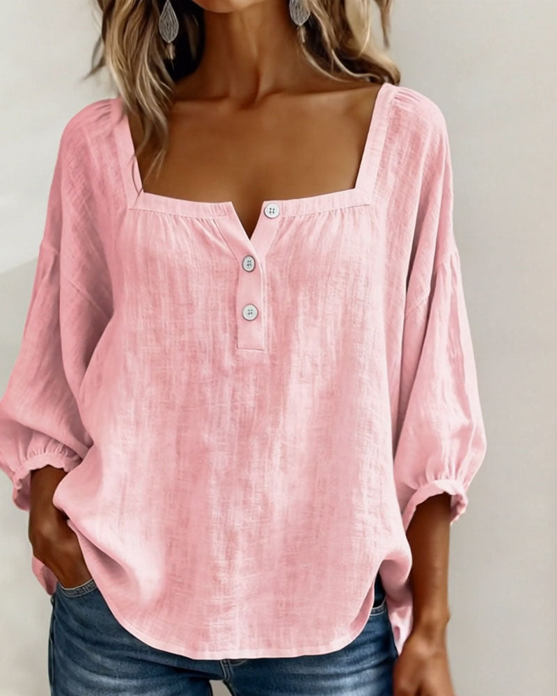 Daisy | Women's Square Neck Puff Sleeve Linen Blouse 3/4 Sleeve