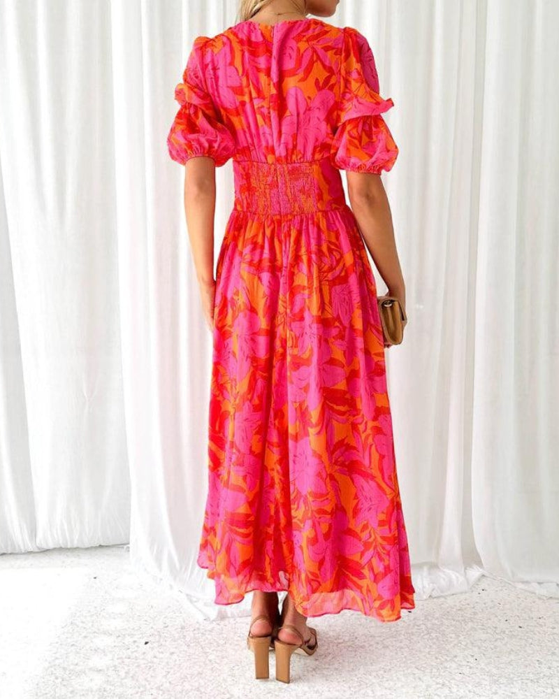 Clara | Elegant V-Neck Puff Sleeve Maxi Dress
