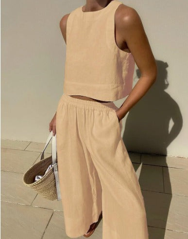Fayenne | Women's Linen Two-Piece Set Sleeveless Tank Top & Wide-Leg Shorts