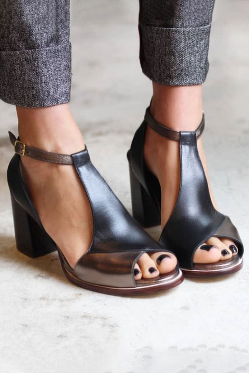Nadaria™ | Black Patchwork Peep Toe Heels