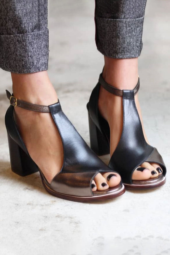 Nadaria™ | Black Patchwork Peep Toe Heels
