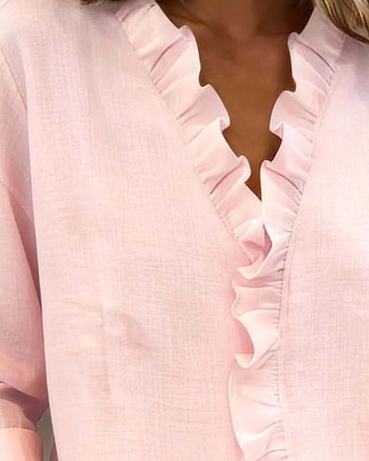 Elise | Women's Ruffle V-Neck Long Sleeve Button Up Blouse