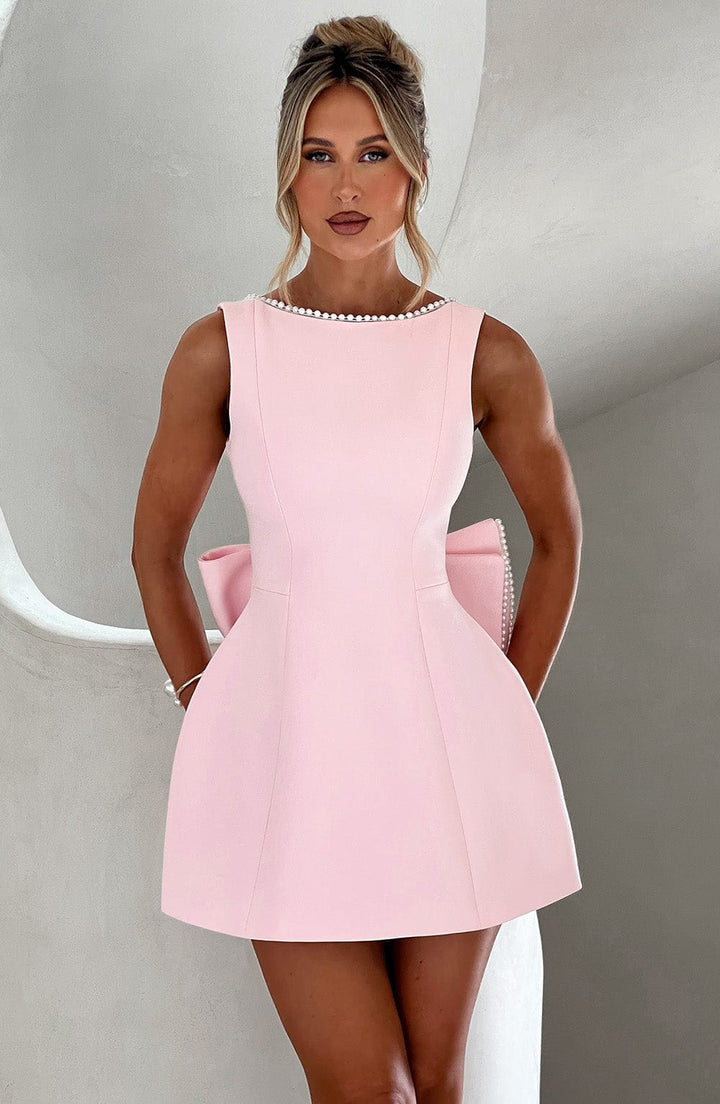 Alura | Women's Pearl Trim Bow Back A-Line Mini Dress