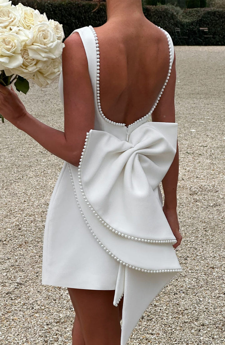 Alura | Women's Pearl Trim Bow Back A-Line Mini Dress
