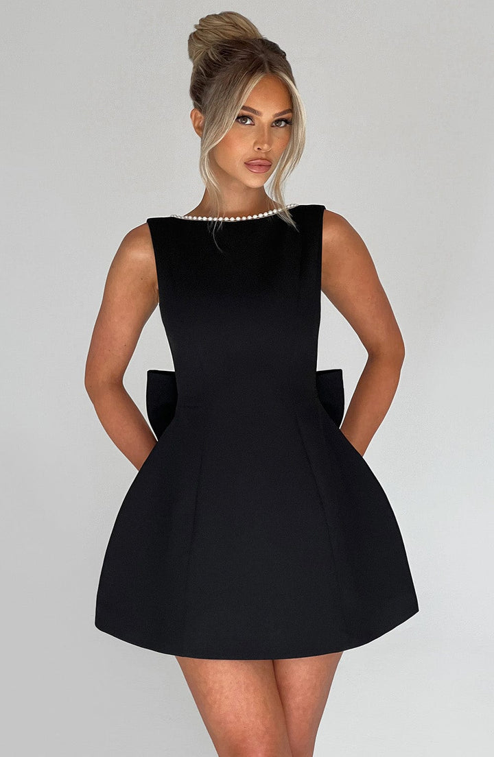 Alura | Women's Pearl Trim Bow Back A-Line Mini Dress