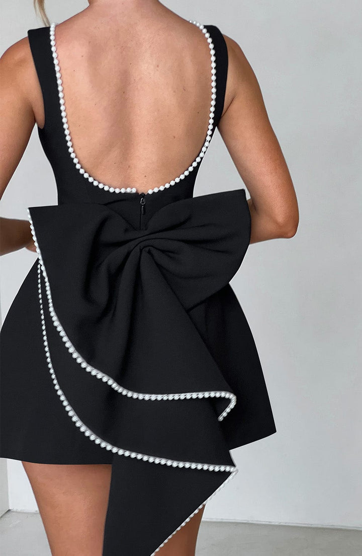 Alura | Women's Pearl Trim Bow Back A-Line Mini Dress