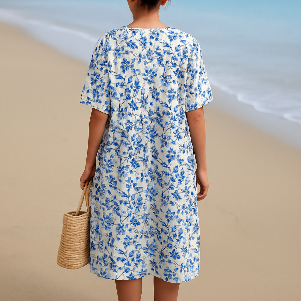 Madeline™ | Ivory Dress Adorned with Porcelain Blue Floral Accents