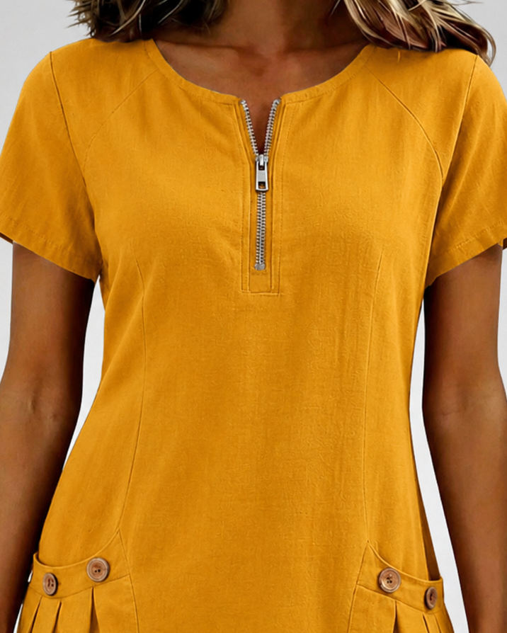 Pippa | Women's Linen Short Sleeve Zip Neck A-Line Mini Dress