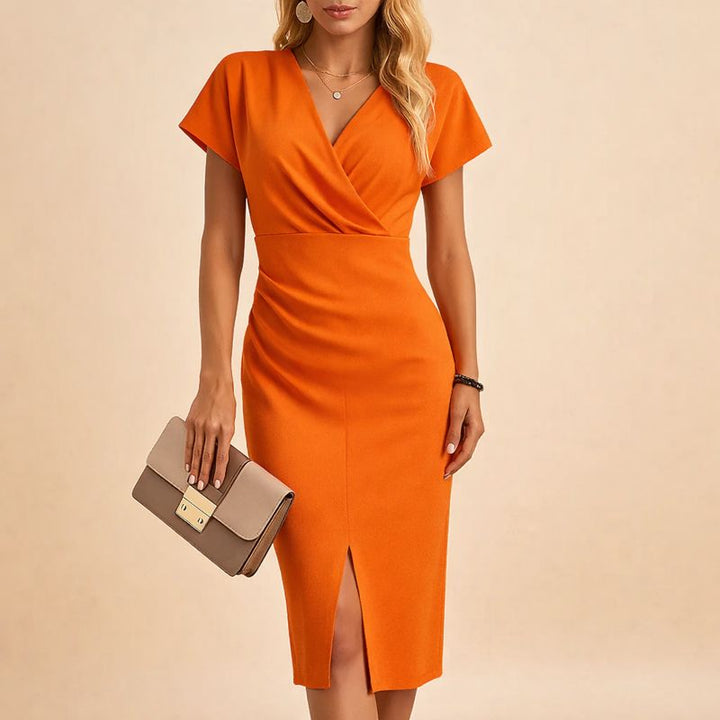 Celine™ | Women's V-Neck Midi Dress with Front Slit