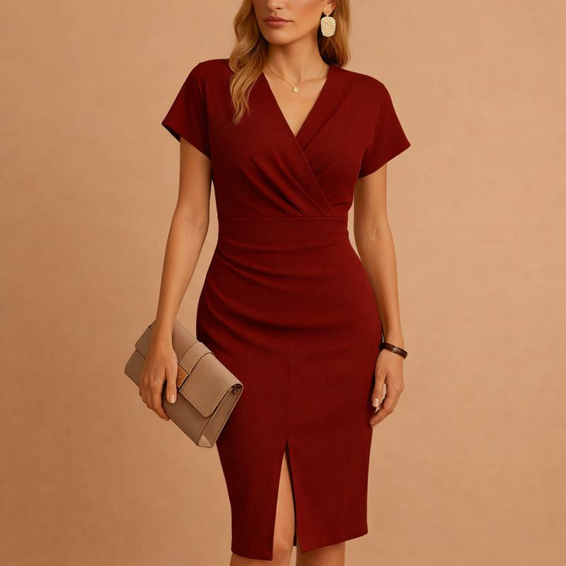 Celine™ | Women's V-Neck Midi Dress with Front Slit