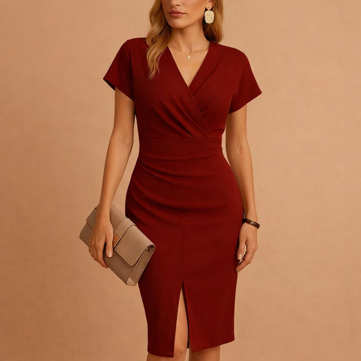 Celine™ | Women's V-Neck Midi Dress with Front Slit