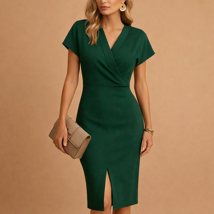 Celine™ | Women's V-Neck Midi Dress with Front Slit