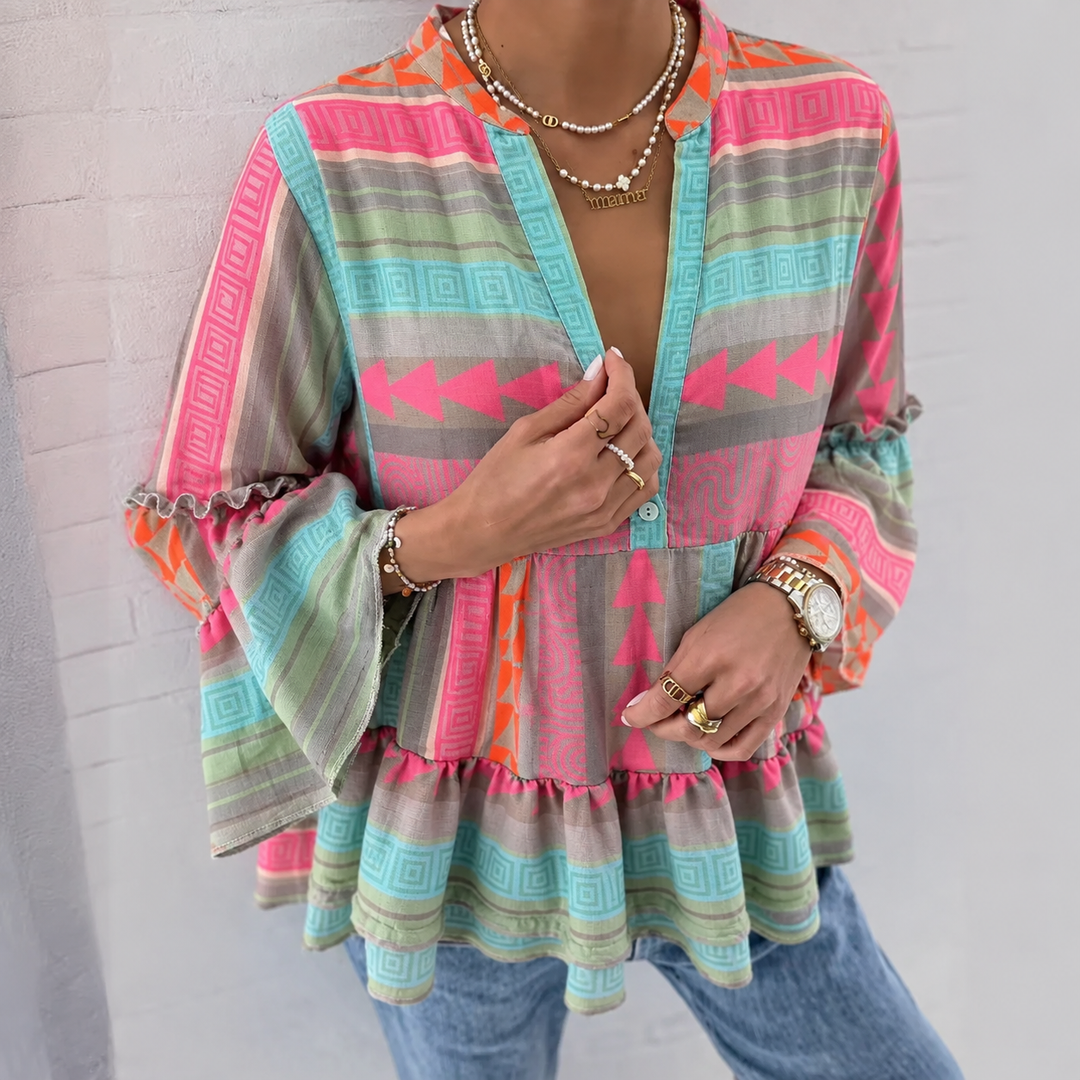 Galiene | Women's Boho Print Ruffle Sleeve Tunic Top