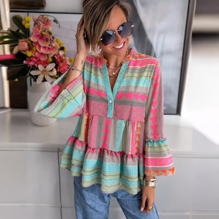 Galiene | Women's Boho Print Ruffle Sleeve Tunic Top