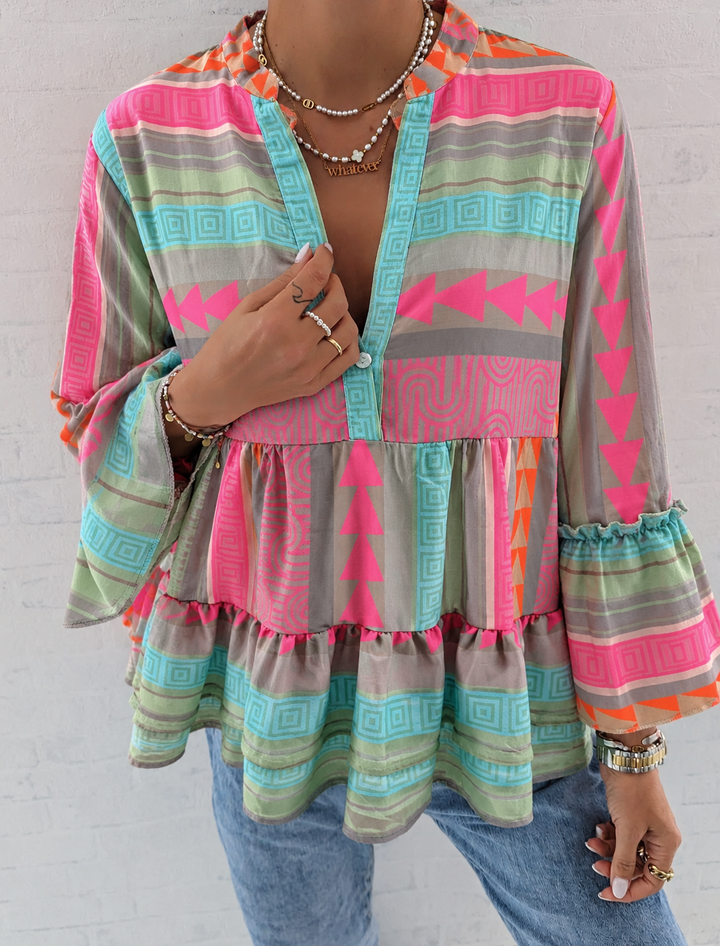 Galiene | Women's Boho Print Ruffle Sleeve Tunic Top