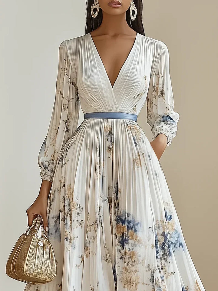 Halston | Elegant V-Neck Puff Sleeves Maxi Dress