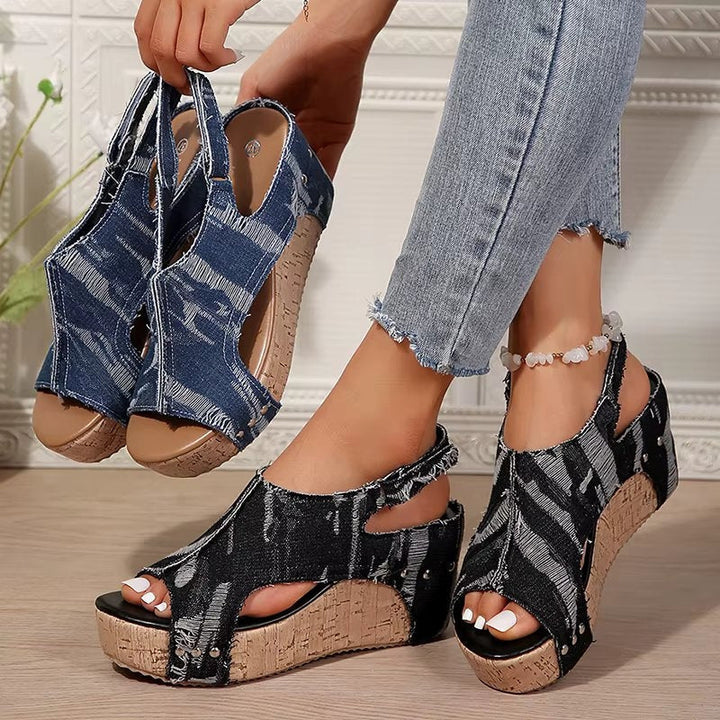 DenimLift™ | Women Cork Denim Wedge Sandals