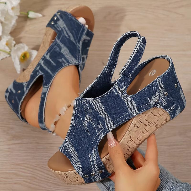 DenimLift™ | Women Cork Denim Wedge Sandals