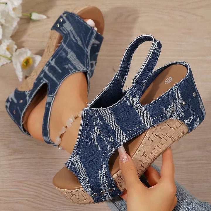 DenimLift™ | Women Cork Denim Wedge Sandals