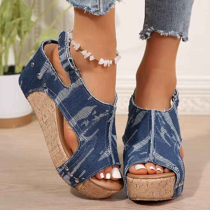 DenimLift™ | Women Cork Denim Wedge Sandals