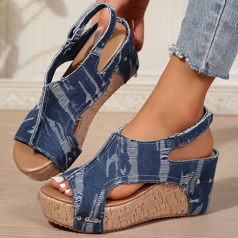 DenimLift™ | Women Cork Denim Wedge Sandals